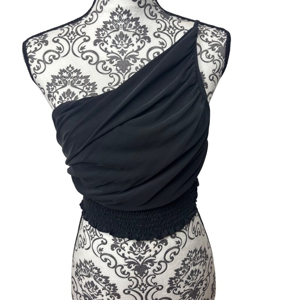 Urban Outfitters L Black One-Shoulder Ruched Smocked Waist Cropped Top Y2K